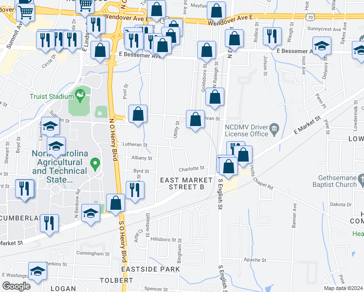 map of restaurants, bars, coffee shops, grocery stores, and more near 2209 Lutheran Street in Greensboro