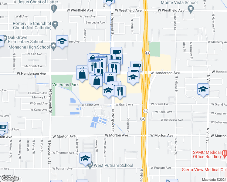 map of restaurants, bars, coffee shops, grocery stores, and more near 700 North Prospect Street in Porterville