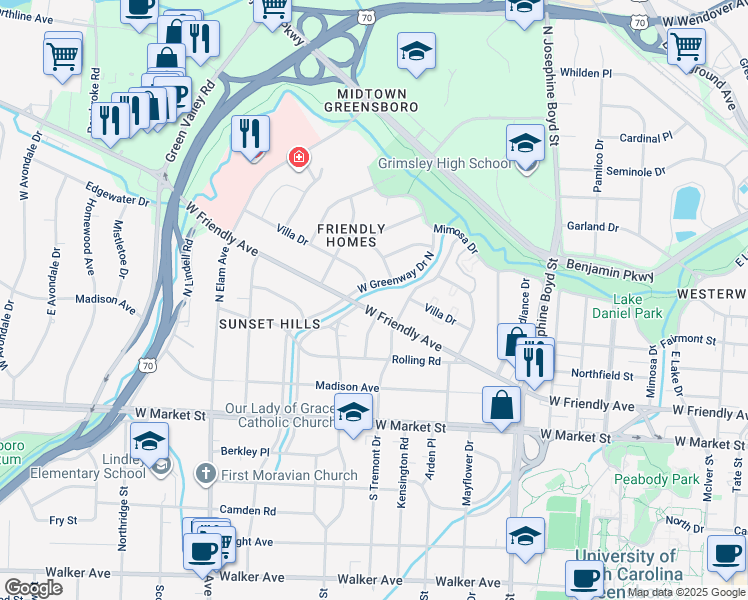 map of restaurants, bars, coffee shops, grocery stores, and more near 1908 West Friendly Avenue in Greensboro