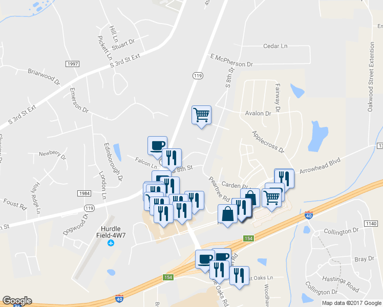 map of restaurants, bars, coffee shops, grocery stores, and more near 919 Arrowhead Lane in Mebane