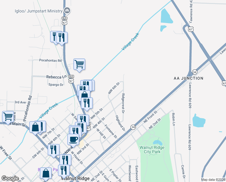 map of restaurants, bars, coffee shops, grocery stores, and more near 902 Northwest 6th Street in Walnut Ridge