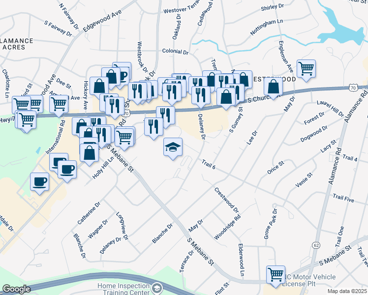 map of restaurants, bars, coffee shops, grocery stores, and more near 2225 Delaney Drive in Burlington