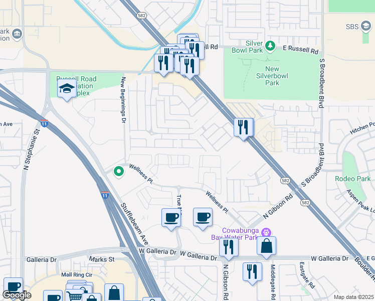 map of restaurants, bars, coffee shops, grocery stores, and more near 6441 Stone Dry Avenue in Henderson
