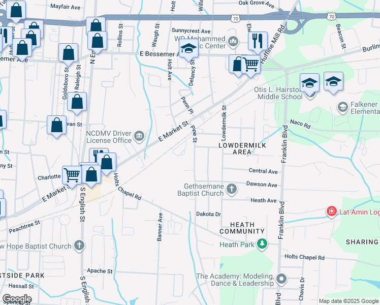 map of restaurants, bars, coffee shops, grocery stores, and more near 504 Pine Street in Greensboro