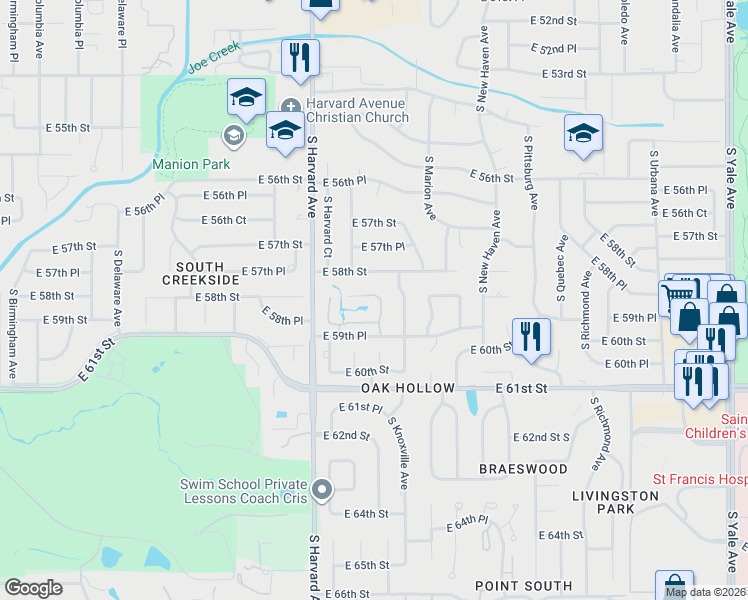 map of restaurants, bars, coffee shops, grocery stores, and more near 5815 South Knoxville Avenue in Tulsa