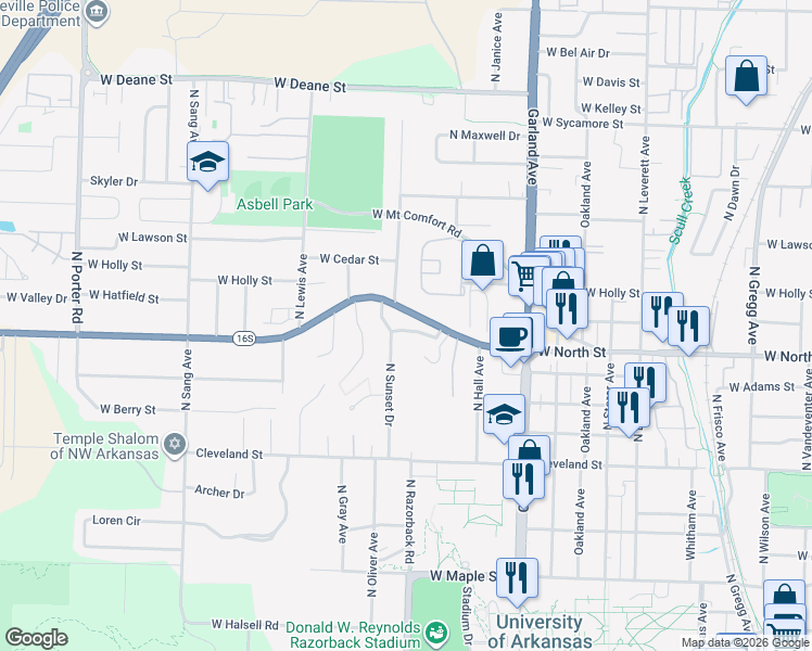 map of restaurants, bars, coffee shops, grocery stores, and more near 1104 North Sunset Drive in Fayetteville