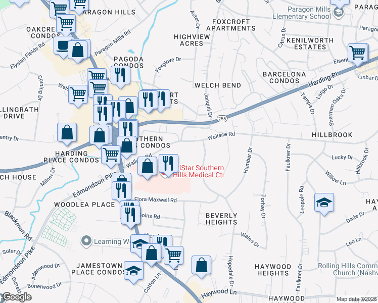 map of restaurants, bars, coffee shops, grocery stores, and more near 339 Wallace Road in Nashville