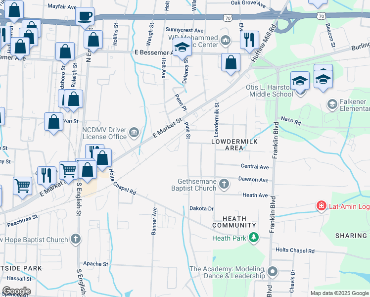 map of restaurants, bars, coffee shops, grocery stores, and more near 504 Pine Street in Greensboro