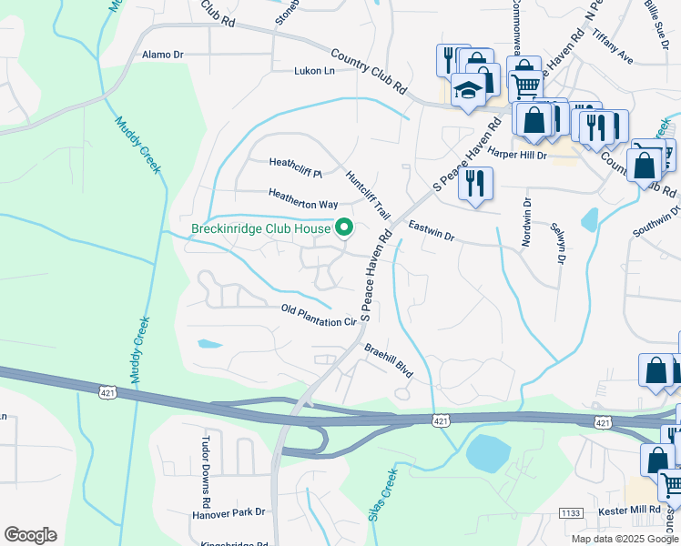 map of restaurants, bars, coffee shops, grocery stores, and more near 232 Barrington Place in Winston-Salem