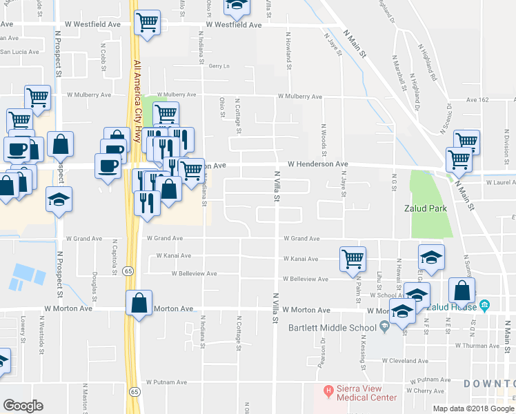 map of restaurants, bars, coffee shops, grocery stores, and more near 699 Fairhaven Avenue in Porterville