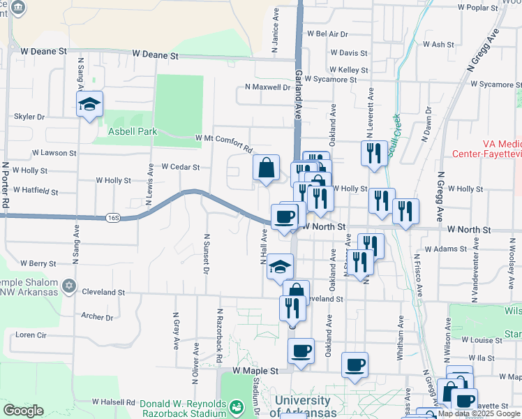 map of restaurants, bars, coffee shops, grocery stores, and more near 1223 Haven Drive in Fayetteville