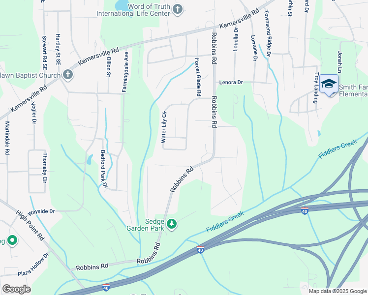 map of restaurants, bars, coffee shops, grocery stores, and more near 390 Water Lily Circle in Winston-Salem