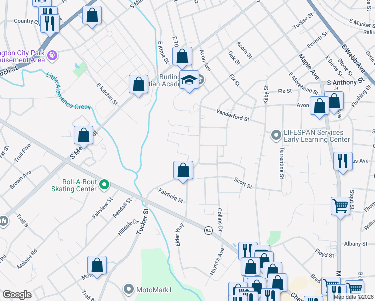 map of restaurants, bars, coffee shops, grocery stores, and more near 1208 Tucker Street in Burlington
