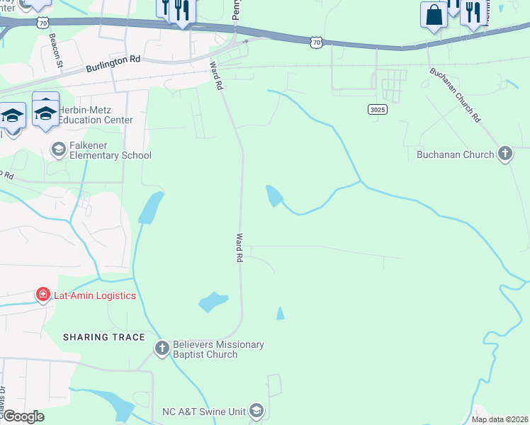 map of restaurants, bars, coffee shops, grocery stores, and more near 123 Ward Road in Greensboro