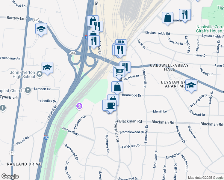 map of restaurants, bars, coffee shops, grocery stores, and more near 4751 Trousdale Drive in Nashville