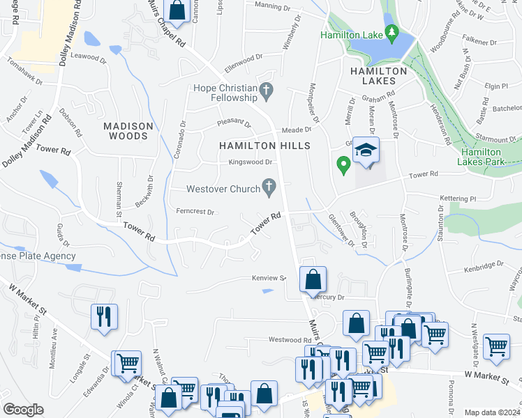 map of restaurants, bars, coffee shops, grocery stores, and more near 4812 Tower Road in Greensboro