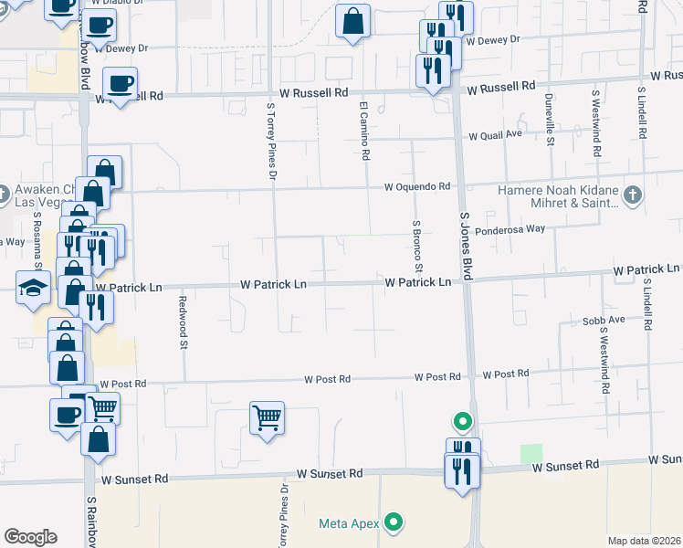 map of restaurants, bars, coffee shops, grocery stores, and more near 6070 South Mann Street in Las Vegas