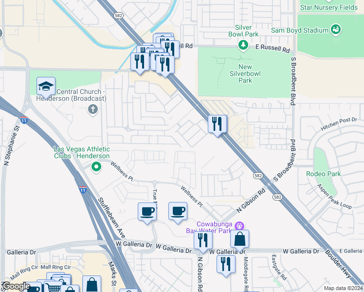 map of restaurants, bars, coffee shops, grocery stores, and more near 6098 Allred Place in Henderson