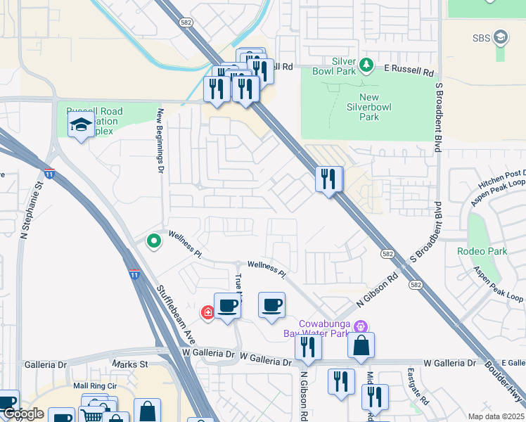 map of restaurants, bars, coffee shops, grocery stores, and more near 6098 Allred Place in Henderson