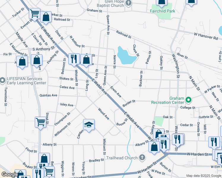 map of restaurants, bars, coffee shops, grocery stores, and more near 1705 Erwin Avenue in Burlington
