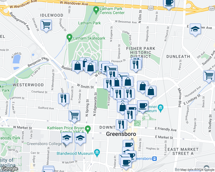 map of restaurants, bars, coffee shops, grocery stores, and more near 451 North Eugene Street in Greensboro