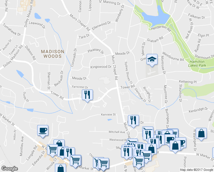 map of restaurants, bars, coffee shops, grocery stores, and more near 4812 Tower Road in Greensboro