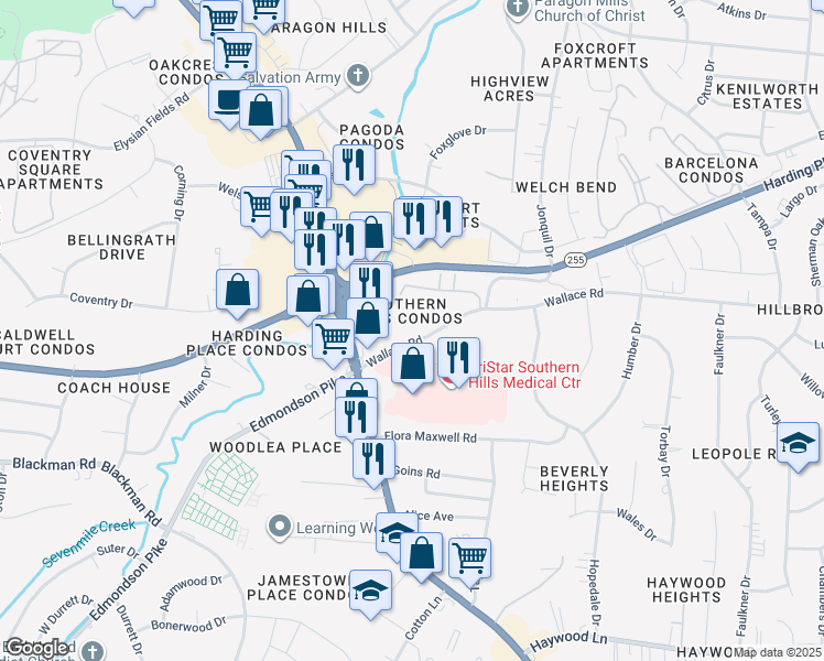 map of restaurants, bars, coffee shops, grocery stores, and more near 370 Wallace Road in Nashville
