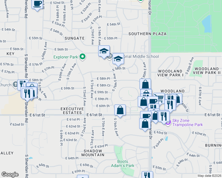 map of restaurants, bars, coffee shops, grocery stores, and more near 5881 East 59th Street in Tulsa