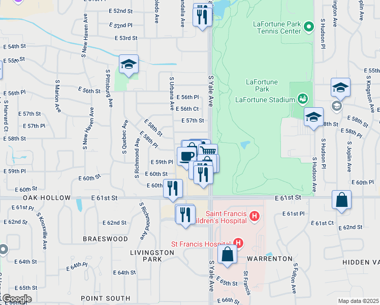 map of restaurants, bars, coffee shops, grocery stores, and more near 4642 East 59th Street in Tulsa