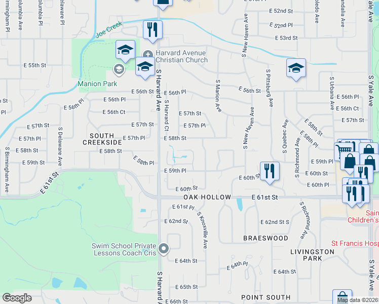 map of restaurants, bars, coffee shops, grocery stores, and more near 5815 South Knoxville Avenue in Tulsa