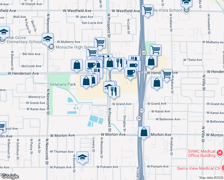 map of restaurants, bars, coffee shops, grocery stores, and more near 700 North Prospect Street in Porterville