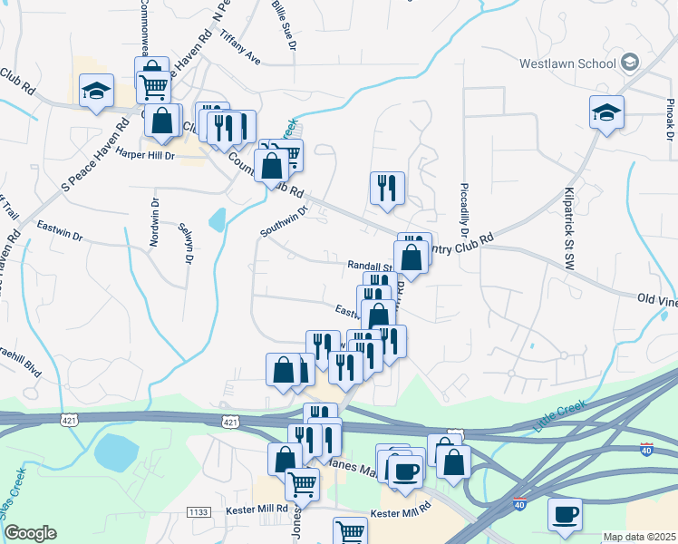map of restaurants, bars, coffee shops, grocery stores, and more near 4728 Randall Street in Winston-Salem