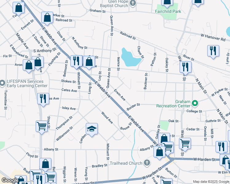 map of restaurants, bars, coffee shops, grocery stores, and more near 1705 Erwin Avenue in Burlington