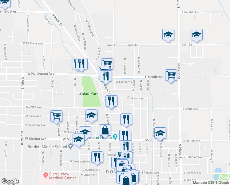 map of restaurants, bars, coffee shops, grocery stores, and more near 53 West Danner Avenue in Porterville