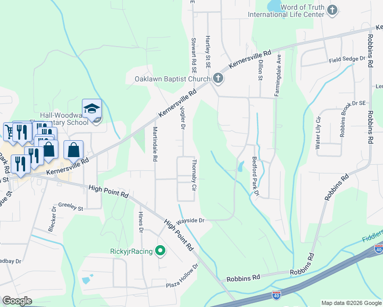 map of restaurants, bars, coffee shops, grocery stores, and more near 3625 Thornaby Circle in Winston-Salem