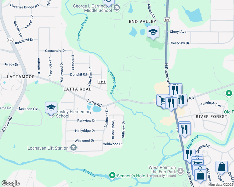 map of restaurants, bars, coffee shops, grocery stores, and more near 115 Murray Hill Drive in Durham