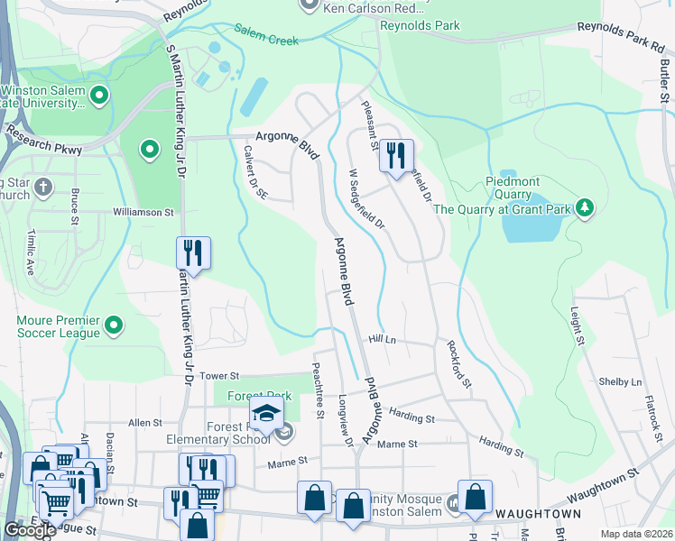 map of restaurants, bars, coffee shops, grocery stores, and more near 1429 Argonne Boulevard in Winston-Salem