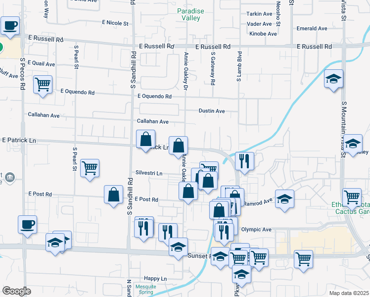 map of restaurants, bars, coffee shops, grocery stores, and more near East Patrick Lane & Annie Oakley Drive in Las Vegas