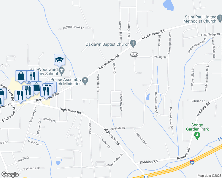 map of restaurants, bars, coffee shops, grocery stores, and more near 3566 Thornaby Circle in Winston-Salem