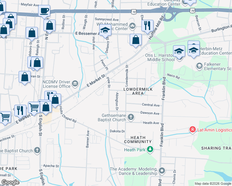 map of restaurants, bars, coffee shops, grocery stores, and more near 506 Abington Drive in Greensboro