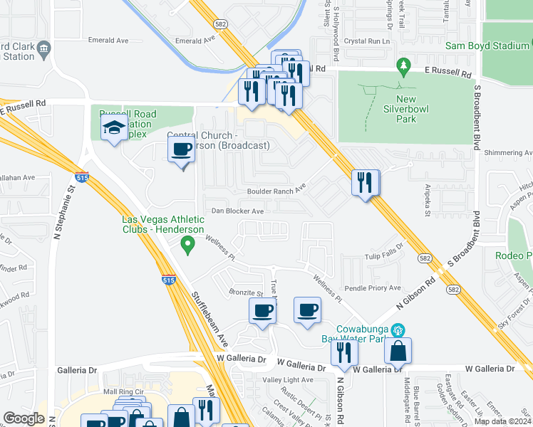 map of restaurants, bars, coffee shops, grocery stores, and more near 6385 Dan Blocker Avenue in Henderson