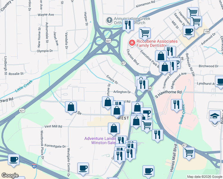 map of restaurants, bars, coffee shops, grocery stores, and more near 3244 Arlington Drive in Winston-Salem