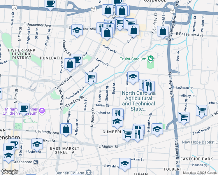 map of restaurants, bars, coffee shops, grocery stores, and more near 504 Stewart Street in Greensboro