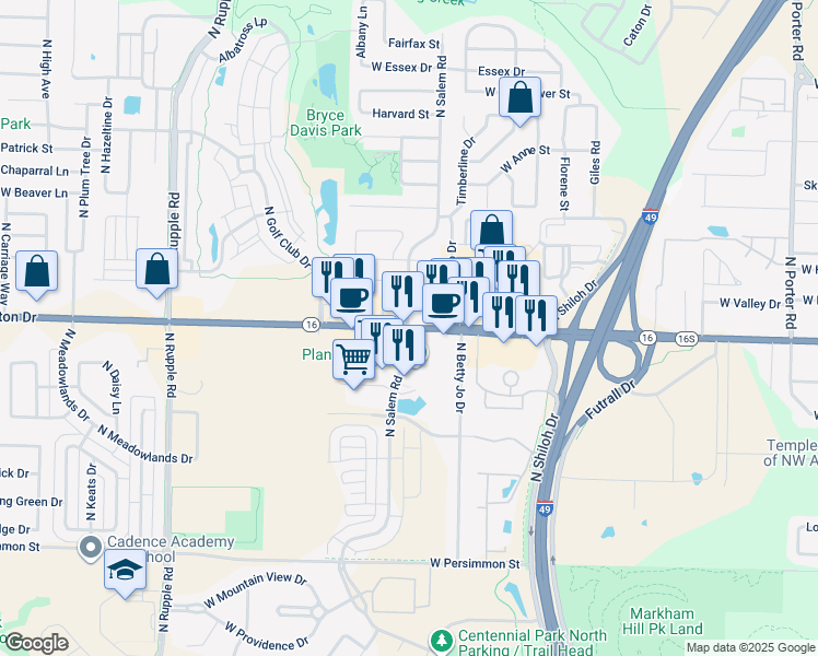 map of restaurants, bars, coffee shops, grocery stores, and more near 554 North Salem Road in Fayetteville