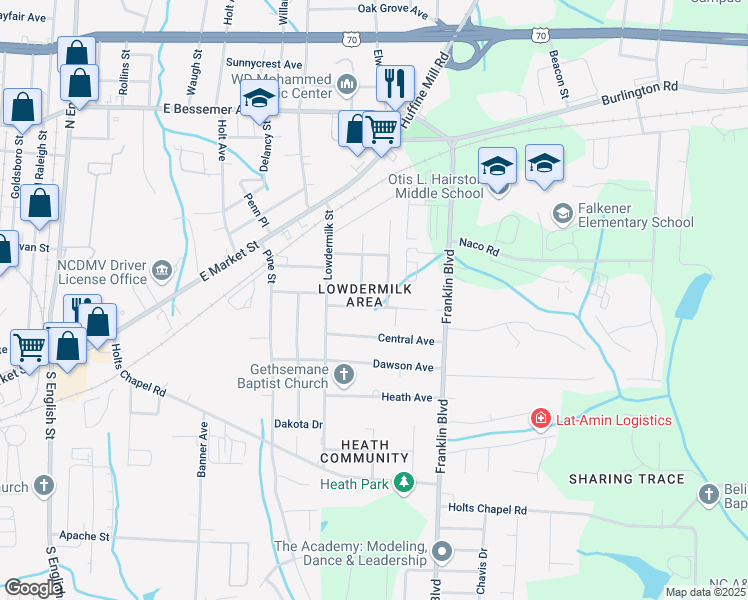 map of restaurants, bars, coffee shops, grocery stores, and more near 3712 Nash Street in Greensboro
