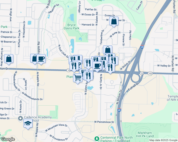 map of restaurants, bars, coffee shops, grocery stores, and more near 563 North Salem Road in Fayetteville