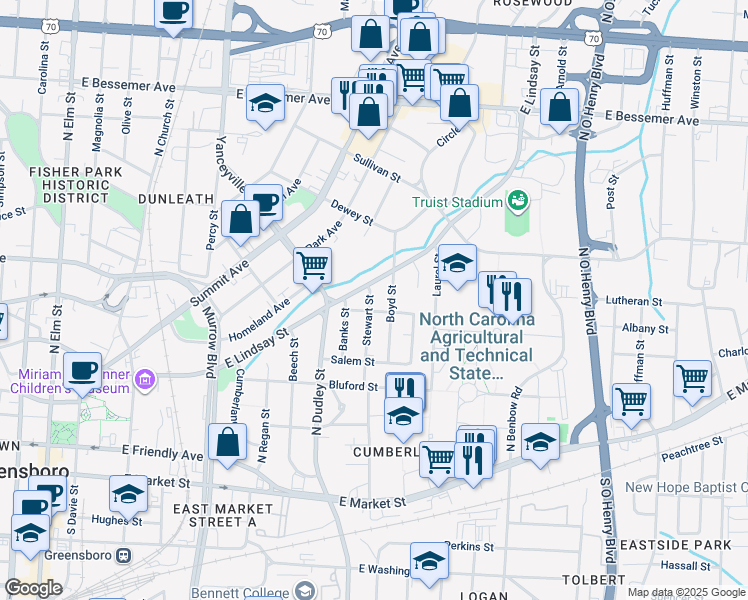 map of restaurants, bars, coffee shops, grocery stores, and more near 504 Stewart Street in Greensboro