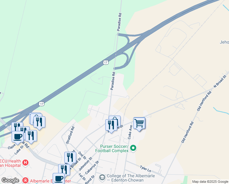 map of restaurants, bars, coffee shops, grocery stores, and more near 1318 Paradise Road in Edenton