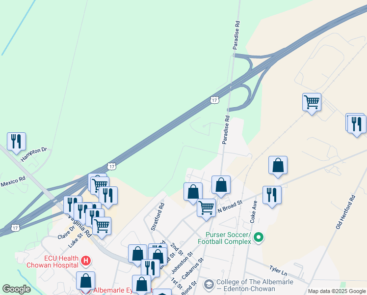 map of restaurants, bars, coffee shops, grocery stores, and more near 1311 Paradise Road in Edenton