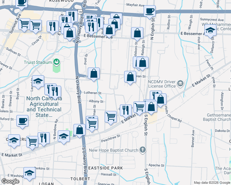 map of restaurants, bars, coffee shops, grocery stores, and more near 325 Winston Street in Greensboro